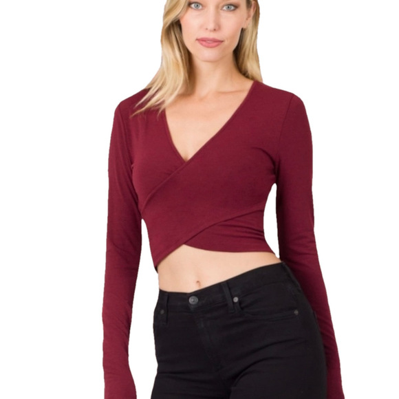 Zenana Outfitters Tops - Zenana Long Sleeve Crop Top womens medium Burgundy V-neck Wrap CrissCross Casual